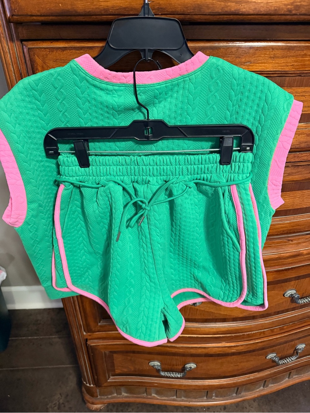 WHY® Green Cable Knit Crop Top and short set with Pink Trim